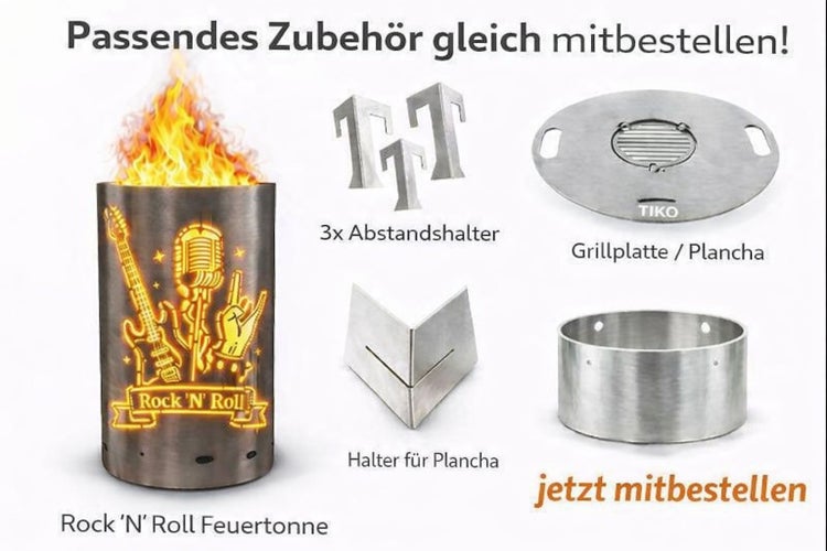 Rock 'N' Roll Feuertonne mit Zubehör: Grillplatte, Abstandshalter und Halterung für Plancha