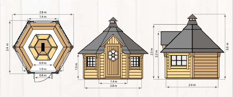 Zeichnung eines sechseckigen Gartenhauses mit Maßen in Metern
