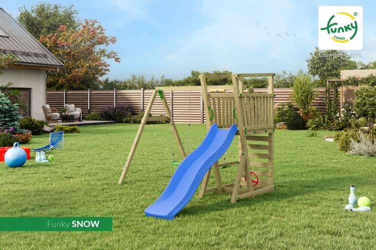 Spielturm Funky SNOW aus Holz mit Rutsche, Schaukel und Kletterwand in einem organisierten Garten. Funky Combo Logo.