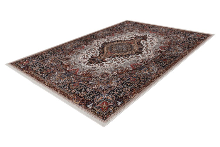 Rechteckiger Teppich mit klassischem orientalischem Muster und kunstvollen Verzierungen im medaillonartigen Design.