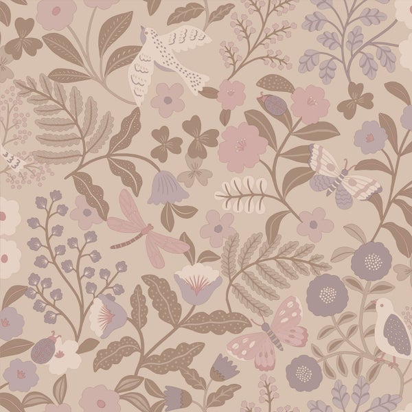 Vliestapete mit illustrativem Muster aus Blumen, Blättern, Farnen, Vögeln, Schmetterlingen, Libellen und Marienkäfern.