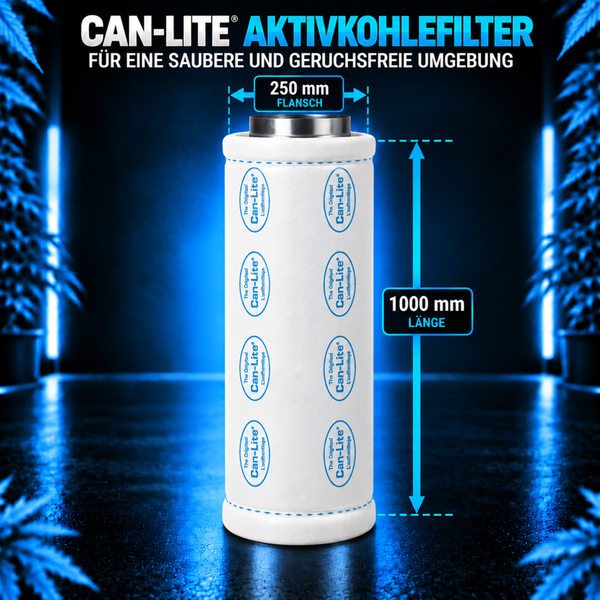 Can-Lite Aktivkohlefilter mit 250 Millimeter Flansch und 1000 Millimeter Länge zur Luftreinigung.