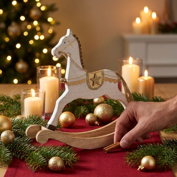Weihnachtsdekoration Holzschaukelpferd auf einem Tisch mit Kerzen Tannenzweigen und Weihnachtskugeln dekoriert.