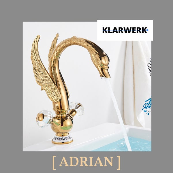 Klarwerk Waschtischarmatur Adrian in Schwanenform mit Kristallgriffen und Wasserfluss über dem Waschbecken