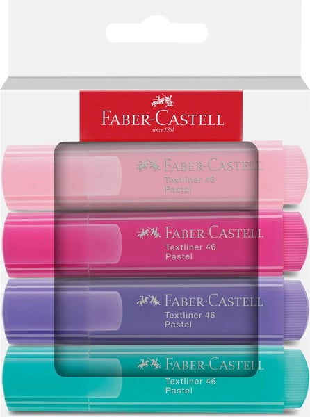 Faber-Castell Textliner 46 Pastel Textmarker Set mit vier Stiften in verschiedenen Pastelltönen in der Blisterverpackung.