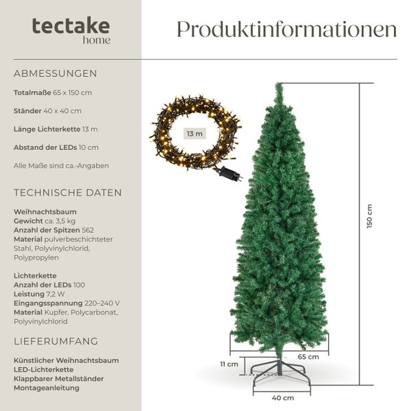 Produktinformationen zu einem künstlichen Weihnachtsbaum mit LED-Lichterkette und den Maßen 65 x 150 cm.