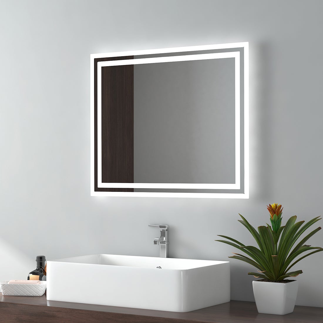 EMKE Badspiegel LED IP44 Wasserdicht Wandspiegel, 60x50cm, Kaltweißes/Warmweißes Licht, Knopfschalter, Beschlagfrei