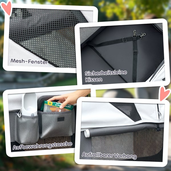 Nahaufnahme eines Hundeanhängers mit Mesh-Fenster, Sicherheitsleine, Aufbewahrungstasche und aufrollbarem Vorhang.