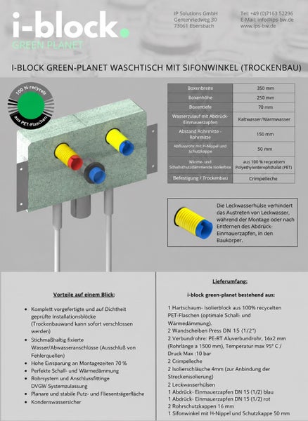 Infografik zum i-block Green Planet Waschtisch-Installationsblock für Trockenbau aus 100 Prozent recyceltem PET mit technischen Daten und Vorteilen.