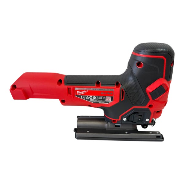 Rote Milwaukee Akku-Stichsäge M18 FBJS mit schwarzem Stabgriff und Metall-Grundplatte.