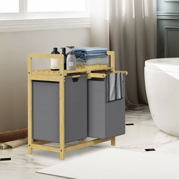 ML-Design Wäschekorb aus Bambus, Grau, Wäschebox mit 2 Fächern, Wäschesammler mit 2 ausziehbaren Wäschesäcken 60 L, Wäschetruhe mit Ablage, Wäschesortierer für Badezimmer, Wäschetonne mit Regal
