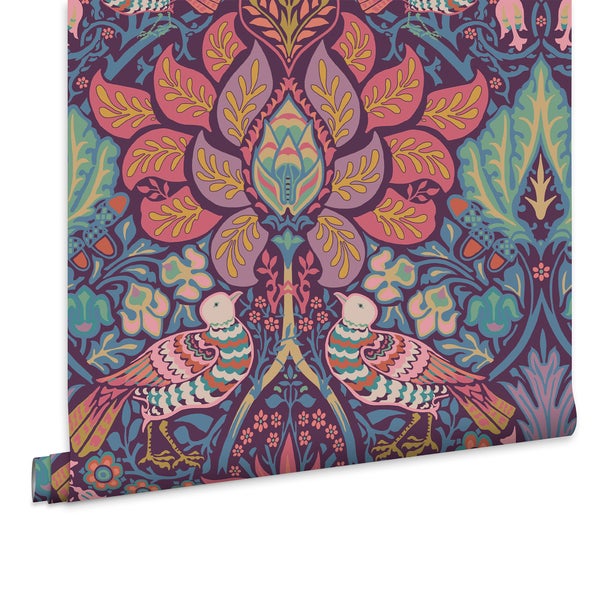 Tapete mit floralem Muster und Vogelmotiv im Stil von William Morris als Tapetenrolle