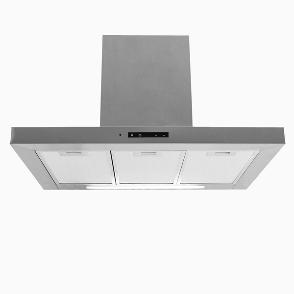 Wand-Dunstabzugshaube aus Edelstahl mit Touch-Bedienfeld, drei Fettfiltern und Beleuchtung.