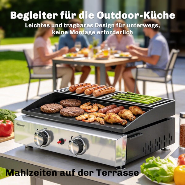 Tragbare Gas-Grillplatte mit Outsunny Logo auf Terrasse mit Speisen, Personen im Hintergrund, ideal für die Outdoor-Küche.