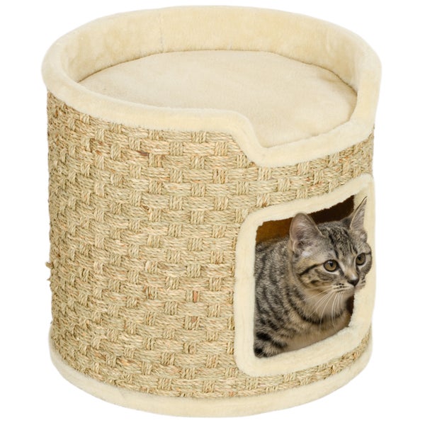 PawHut Kratztonne, 37 cm Hoch Katzentonne, Katzenhöhle mit Tür, Katzenhaus, Kratzbaum mit 2 Ebene, Katzenturm, Katzenbett aus Sisal, für Katze bis 5 kg, Khaki