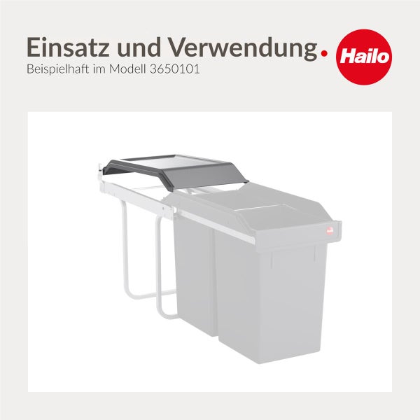 Hailo Abfalltrennsystem zur Demonstration von Einsatz und Verwendung mit Auszugsschiene und feststehendem Deckel.