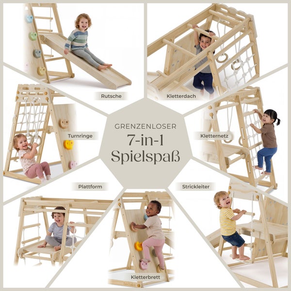 Kletterdreieck aus Holz mit sieben Funktionen wie Rutsche, Kletternetz, Strickleiter, Kletterbrett, Plattform und Turnringen für Kinder.
