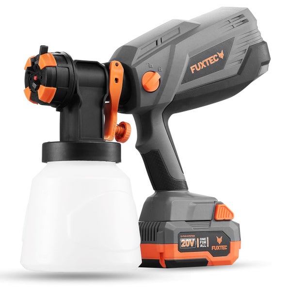 Akku-Farbsprühsystem Fuxtec 20 Volt mit weißem Kunststoff-Farbbehälter und ergonomischem Handgriff.