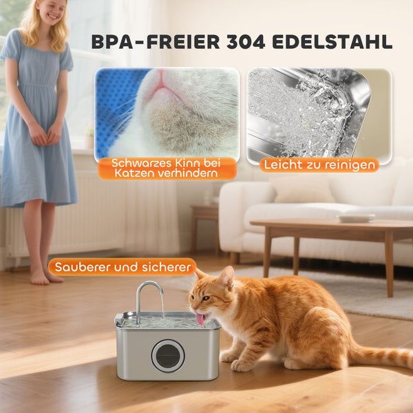 Katze trinkt aus einem BPA-freien Edelstahl-Trinkbrunnen, der die Reinigung erleichtert und für Sauberkeit sorgt.