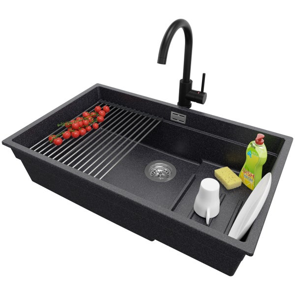PRIMAGRAN Granitspüle Anthrazit 76x47cm, Spülbecken 1 Becken + Küchenarmatur 32x20cm + Ablauf-Set + Aufrollbare Abtropffläche, Küchenspüle ab 80er Unterschrank - Praga Slim
