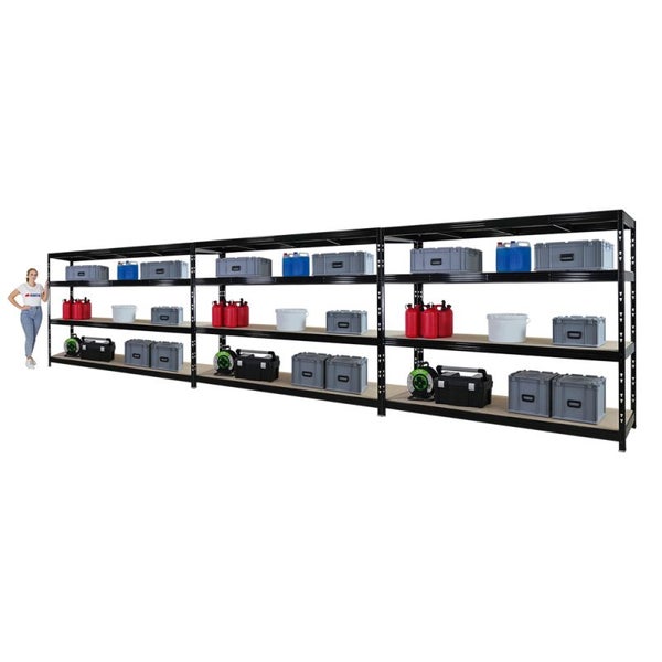 PROREGAL Mega Deal 3x Profi Schwerlastregal Rhino, HxBxT 180x240x60cm, 4 Spanplatten-Ebenen 8mm, Fachlast 450kg, Schwarz