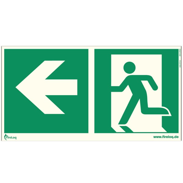 Rettungszeichen mit Pfeil nach links und einer Person, die durch eine Tür rennt