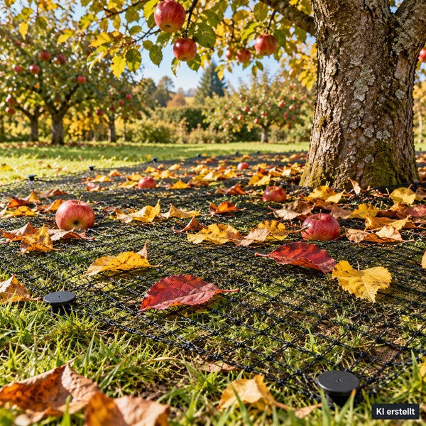 Schwarzes Erntenetz zur Bodenabdeckung unter einem Apfelbaum mit herabgefallenen Äpfeln und herbstlichem Laub auf einer Wiese.