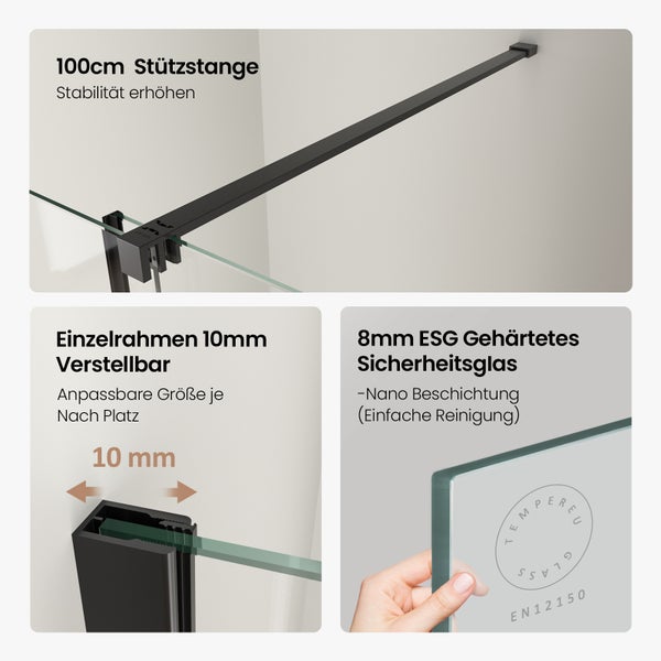 EMKE Walk-In Dusche 120x195 cm, ESG-Sicherheitsglas 8 mm, Nano-Beschichtung, schwarzer Rahmen, Ecklösung für Bad