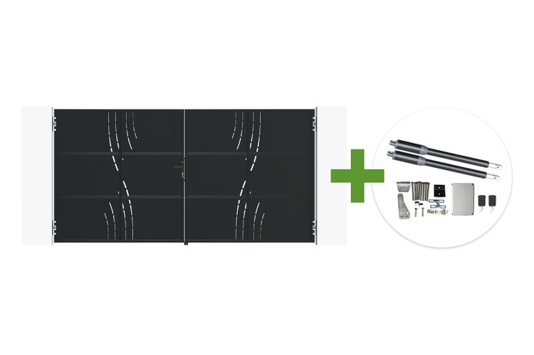 Doppelflügeltor aus Metall mit dekorativen Ausstanzungen inklusive elektrischem Torantrieb mit Fernbedienung und Montagezubehör