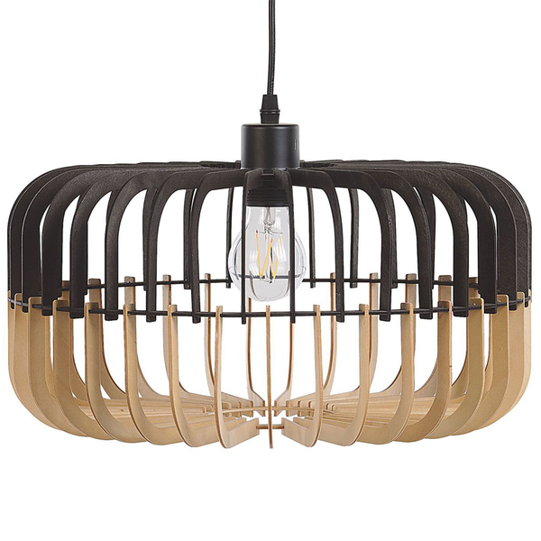 Hängeleuchte heller Holzfarbton / schwarz Trommelform SOUS
