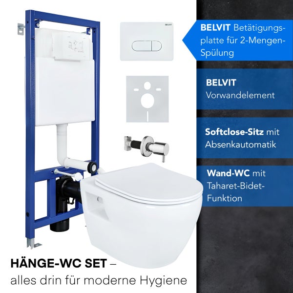 Belvit Hänge-WC Komplettset mit Vorwandelement, 2-Mengen-Spülplatte, Wand-WC mit Taharet-Bidet-Funktion und Softclose-Sitz mit Absenkautomatik.