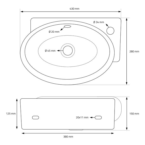 ML-Design Waschbecken Keramik, Weiß, 43x28x15 cm, Oval, klein, Hahnloch rechts, inkl. Ablaufgarnitur Silber, Wandmontage/Aufsatzwaschbecken, Moderne Waschtisch Waschschale Waschplatz Handwaschbecken