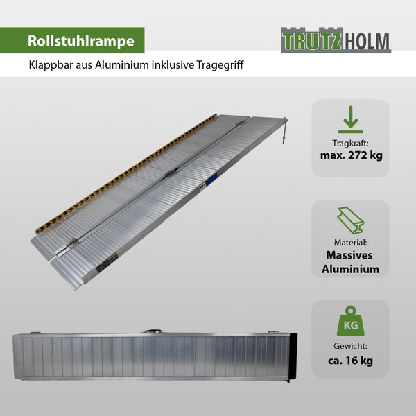 TRUTZHOLM Rollstuhlrampe klappbar 213 cm 272 kg Alu grau geriffelt Auffahrrampe Rollator Tragegriff