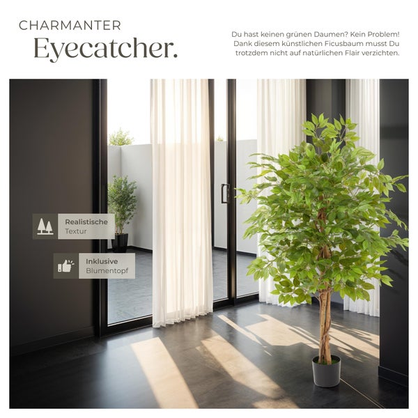 Künstlicher Ficusbaum tectake Fida stabiler Kunststoff-Blumentopf verschiedene Größen grün