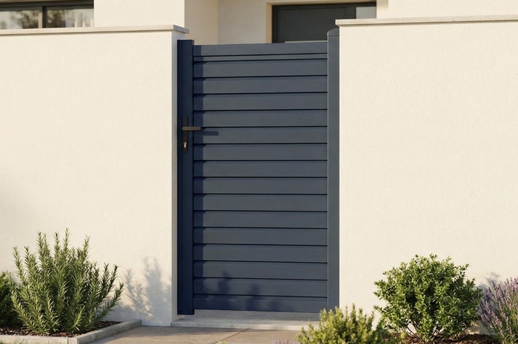 Modernes Gartentor aus Aluminium in Anthrazit mit horizontalen Lamellen, eingebaut zwischen zwei hellen Gartenmauern mit Bepflanzung.