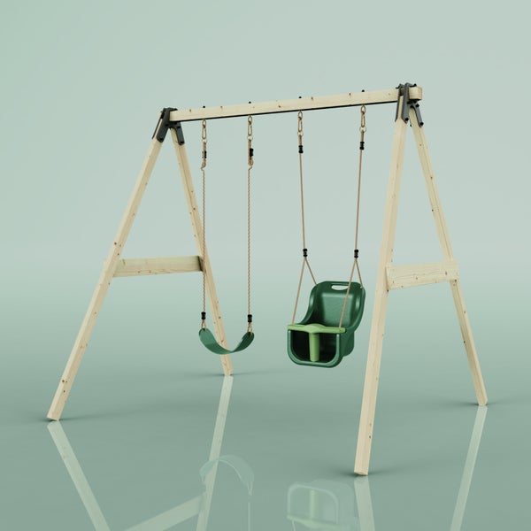 Schaukelgestell aus Holz mit einer Brettschaukel und einer Babyschaukel aus grünem Kunststoff.
