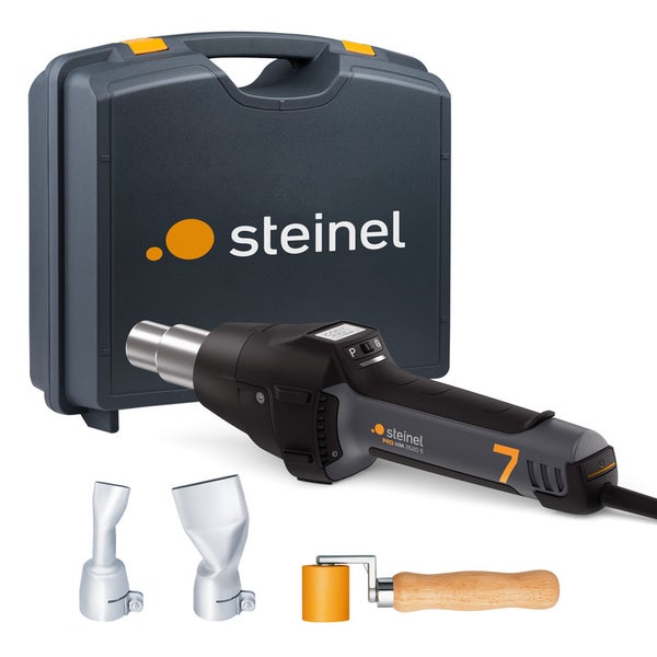 Steinel Heißluftgebläse HG 2620 E Set inklusive zwei Düsen, einer Andrückrolle und einem Transportkoffer.