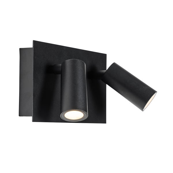 Schwarze Wandleuchte mit zwei verstellbaren Strahlern und rechteckiger Wandplatte.