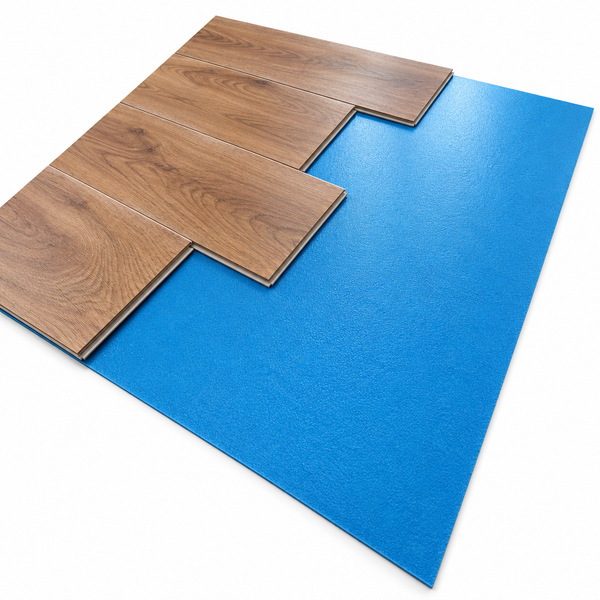 Laminatboden mit Holzoptik verlegt auf einer blauen Trittschalldämmung