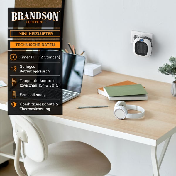 Brandson Steckdosen Heizlüfter 700W mit Fernbedienung, Thermostat, Timer 1-12 Stunden, Automatische Abschaltung, Überhitzungsschutz, Weiß