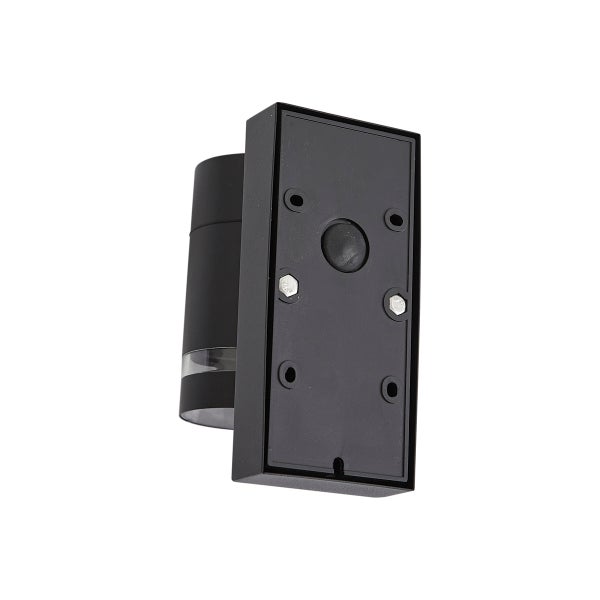 Rückansicht einer schwarzen rechteckigen Außenwandleuchte mit Montageplatte, Bohrlöchern und Kabeldurchführung.