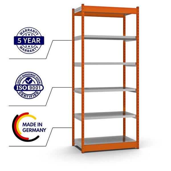 PROREGAL Fachbodenregal Stecksystem Vierkant-Profil Grundregal HxBxT 250 x 102,5 x 50 cm 6 Ebenen Einseitige Bauart Fachlast 200 kg Orange