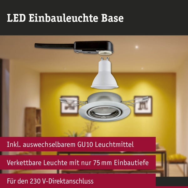 LED Einbauleuchte Base, verkettbar, inklusive GU10 Leuchtmittel, 75 Millimeter Einbautiefe, 230 Volt Direktanschluss.