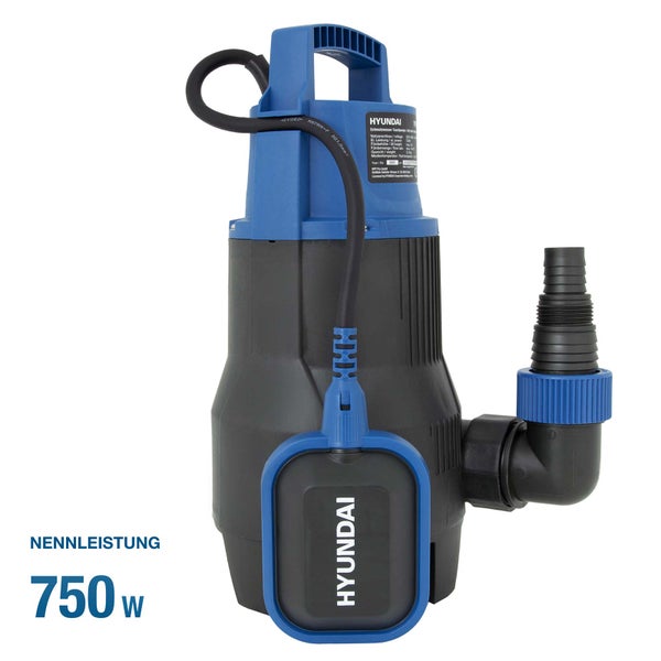 Hyundai Schmutzwasser-Tauchpumpe, 750 Watt Nennleistung, mit Schwimmerschalter und Tragegriff.