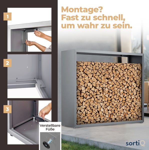 Montageanleitung für ein Metall Kaminholzregal mit drei Schritten, verstellbaren Füßen und einem voll befüllten Holzregal.