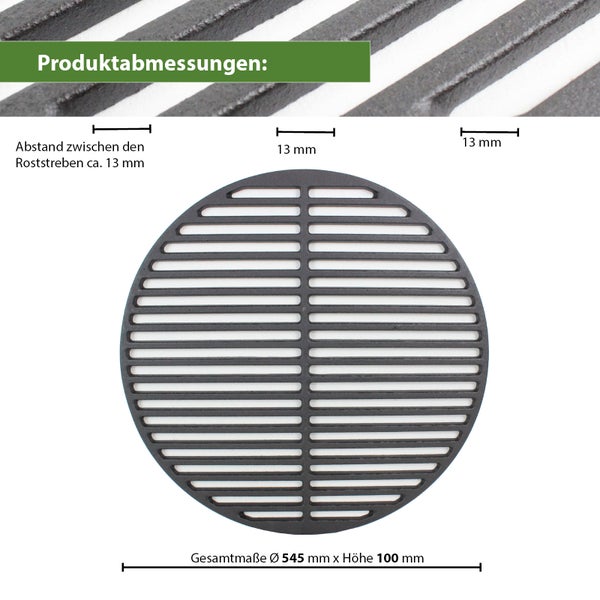Runder Grillrost aus Gusseisen mit 545 Millimeter Durchmesser und 13 Millimeter Stababstand.