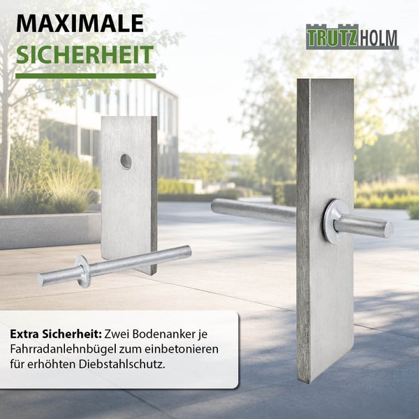 Zwei Bodenanker aus Edelstahl für Fahrradanlehnbügel zum Einbetonieren für erhöhten Diebstahlschutz. Trutzholm Logo.