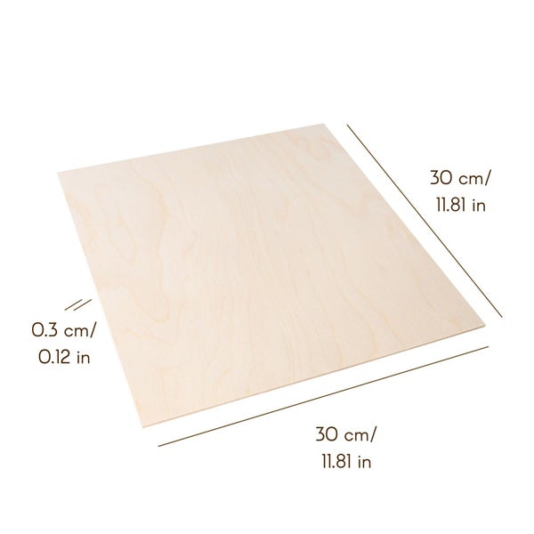 Sperrholzplatte aus hellem Holz mit Maßen von 30 mal 30 Zentimetern und einer Stärke von 0,3 Zentimetern.