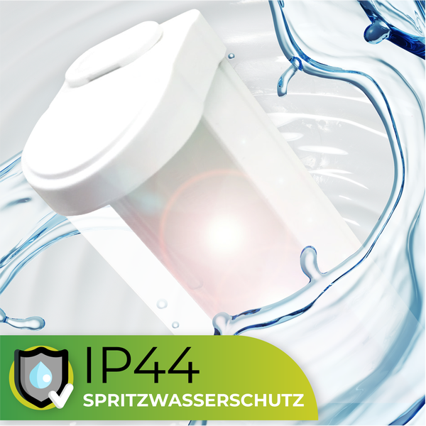 Spritzwassergeschütztes Produkt gemäß Schutzklasse IP44.
