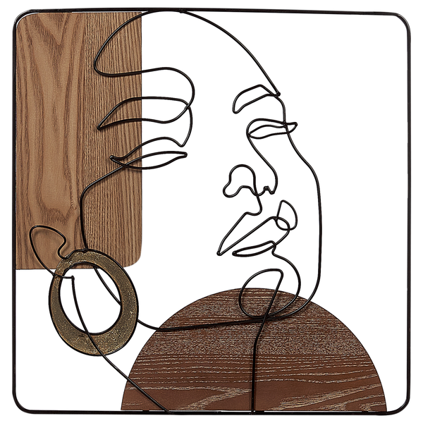 Wanddekoration aus Metalldraht mit Gesichtssilhouette, Holzelementen und quadratischem Rahmen.